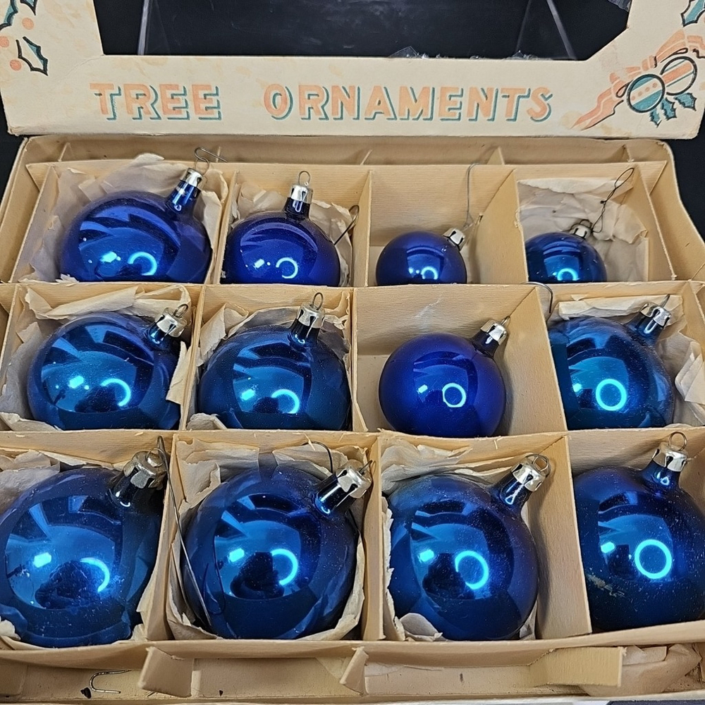 Blue Vintage Glass Christmas Ornaments 12pcs Various Sizes Poland